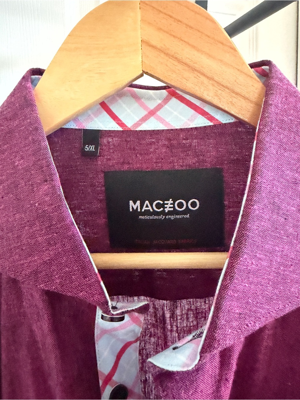 Maceoo Men's Purple Plaid Contrast Trim Linen Shirt XL - Picture 7 of 11